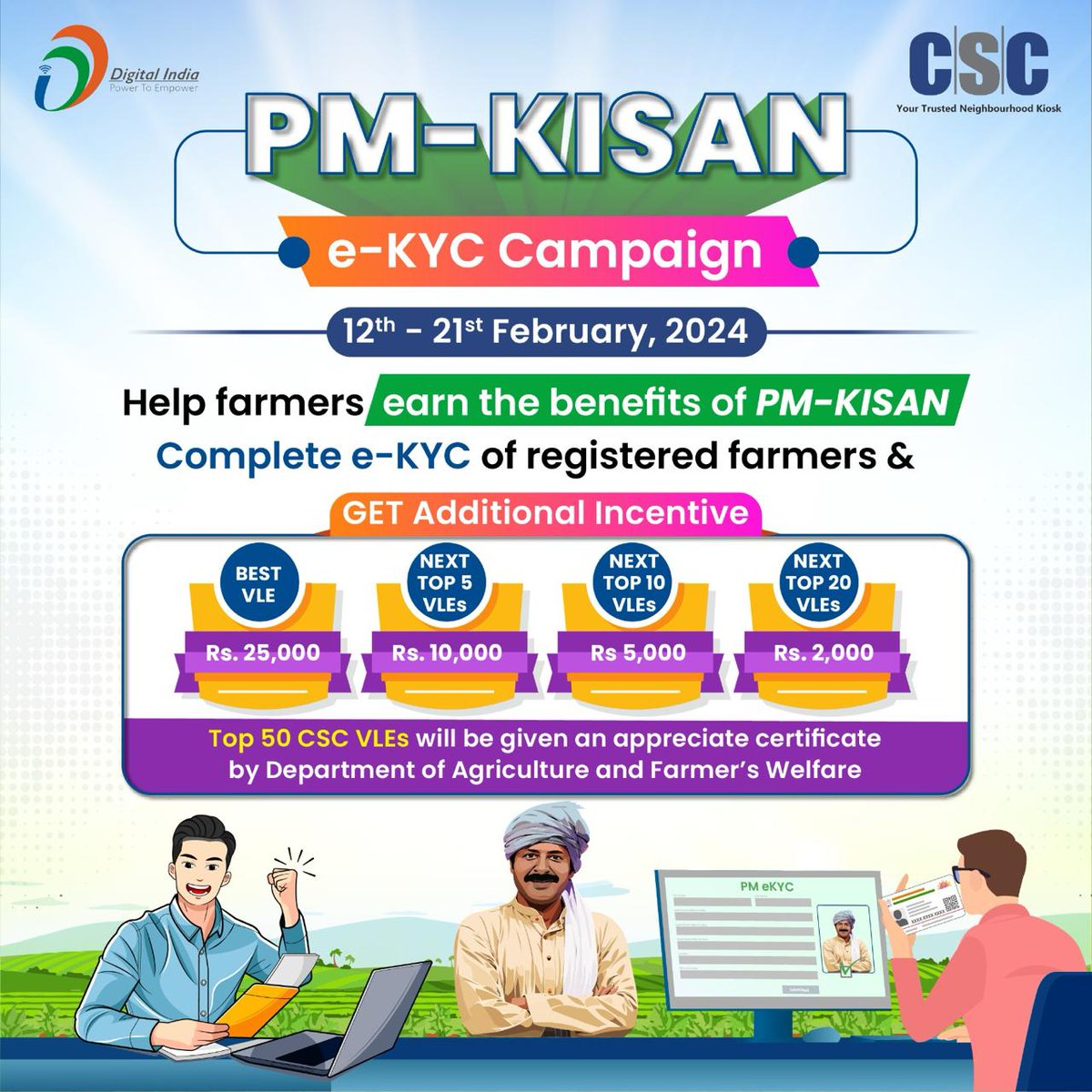 Help Farmer to complete their kyc under PM-Kisan...Top 50 VLE will be awarded by Department of Agriculture. @CSCegov_ @pmkisanofficial @IPRD_Bihar