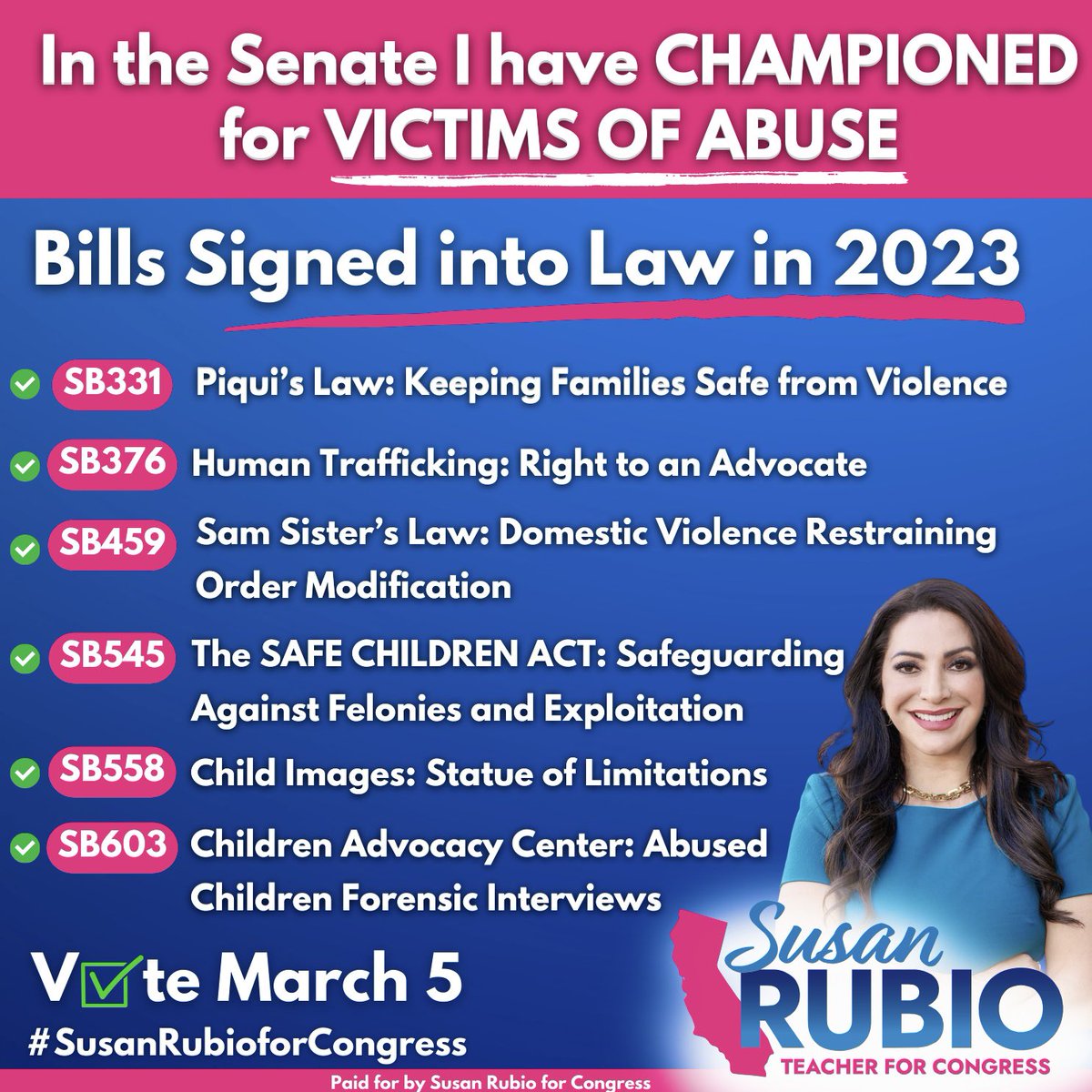 Running for Congress (CA31) to continue our fight for justice and safety. Championed life-saving bills for children, survivors of domestic violence & human trafficking. Join us in creating a thriving, inclusive state. Vote March 5. #SusanRubioforCongress #SGV #ProtectOurChildren