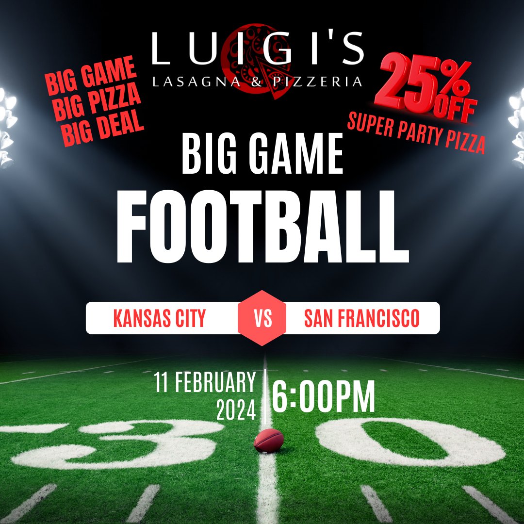 The Big Game is Almost here and we want to help celebrate !

What better way to celebrate the BIG GAME than with a BIG PIZZA and a BIG DEAL! Well we got it all for you !

Tonight ONLY ! Receive 25% OFF the BIG #SUPERPARTY pizza and make your game night #BIGGER and #BETTER!