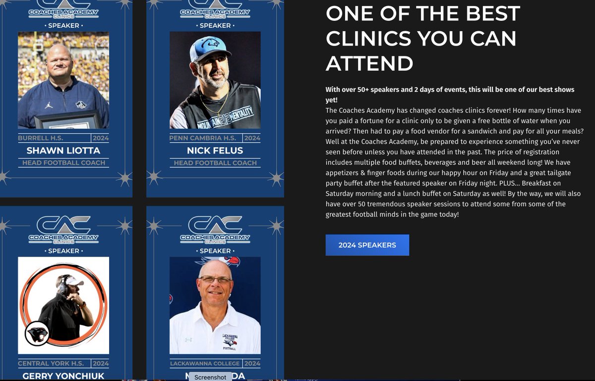Check out some of our speakers! Over 50 scheduled for the 6th Annual Coaches Academy Clinic March 15 &amp; 16th Scranton PA...includes food &amp; beer both days. Book your room at Hilton asap ! coachesacademyclinics.com/speakers/ <a href="/PaFootballNews/">Pennsylvania Football News</a> <a href="/circlewsports/">Circle W Sports</a> <a href="/blastathletics/">Blast Athletics</a> <a href="/TheFundingZone/">Funding Zone Fundraising & Vertical Raise!</a>