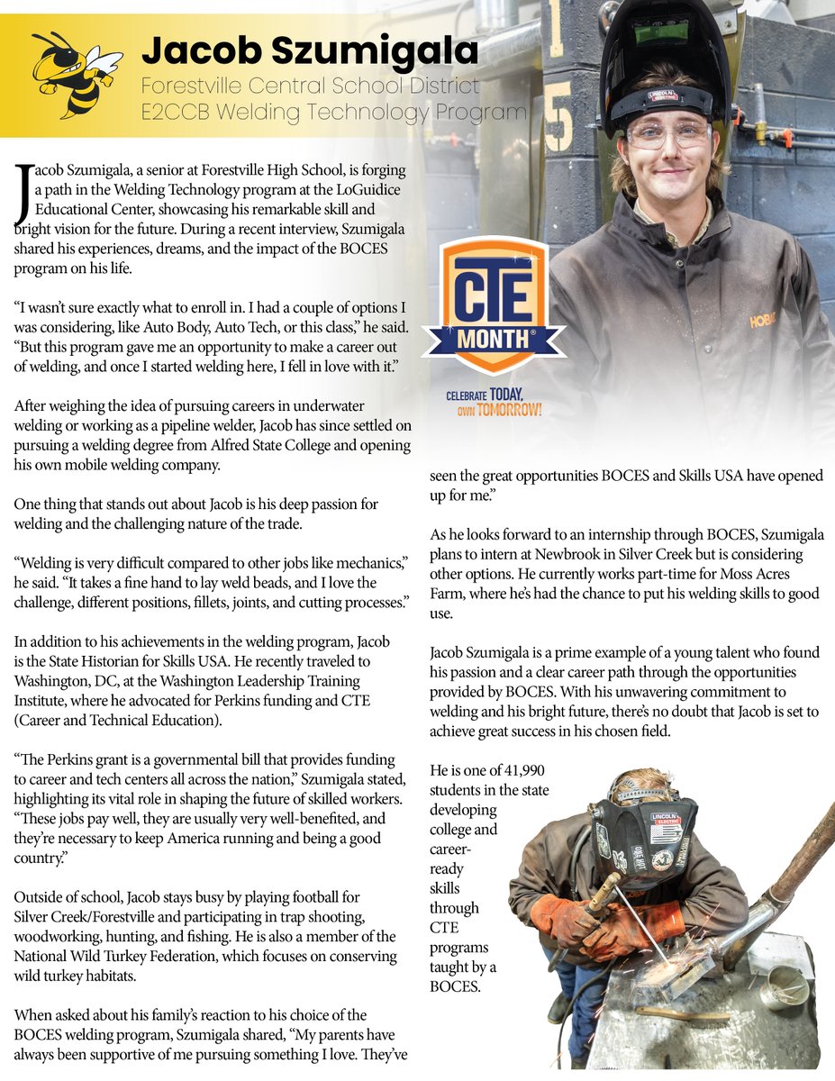 E2CCB's tweet photo. February is CTE Month and to celebrate, E2CCB will highlight students from our component school districts.
Today, weโd like to spotlight Jacob Szumigala, a Welding Technology student from the Forestville Central School District.
#CTE #CTEmonth #E2CCB #BOCES #OpportunityMakers https://t.co/ZaXBJyzsVp