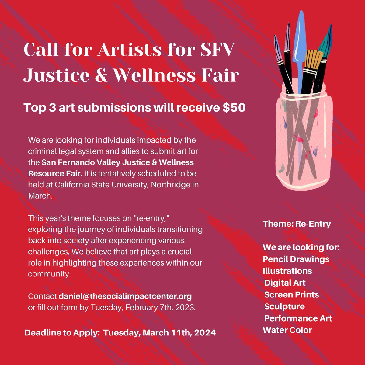 We are thrilled to invite you to participate in the upcoming Justice &amp; Wellness Fair at CSUN Campus on March 28rd, 2024! As advocates for community engagement and artistic expression, we are excited to announce an opportunity for artists to showcase their work at the fair.
