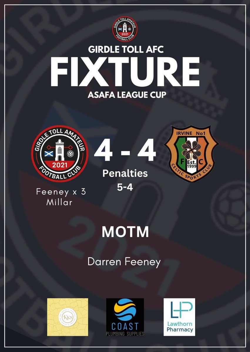 𝙍𝙀𝙎𝙐𝙇𝙏

The boys progress to the semi final of the league cup on penalties.

A Girdle red card whilst 3-1 up made for a difficult second half however we deservedly made it through.

SPONSORS

Harbour Lights
Lawthorn Pharmacy
Kks Sewing &amp; Crafting
Coast Plumbing Supplies