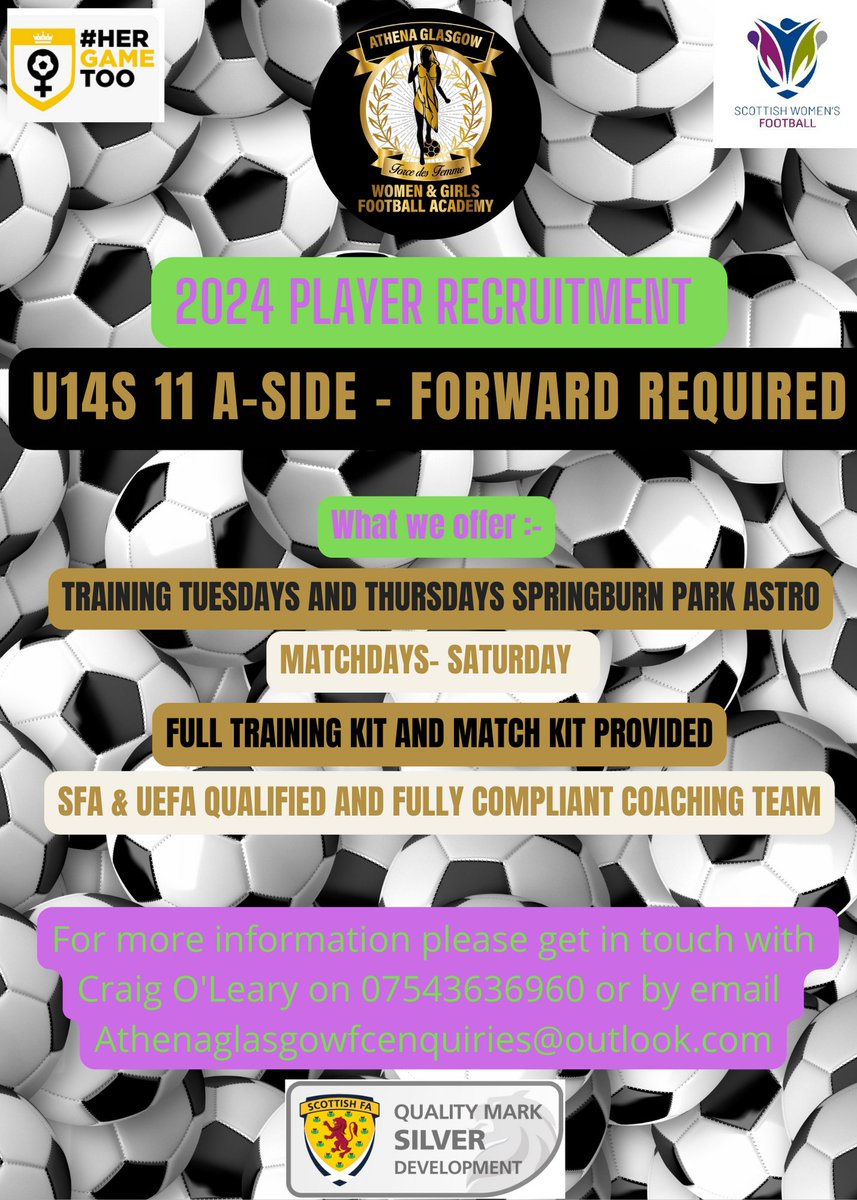 Our U14s 11 aside team are keen to add another forward to the squad ahead of our grading fixtures kicking off next week.

Interested in coming along and giving Athena Glasgow a try get in touch for further details 💜💚⚽️