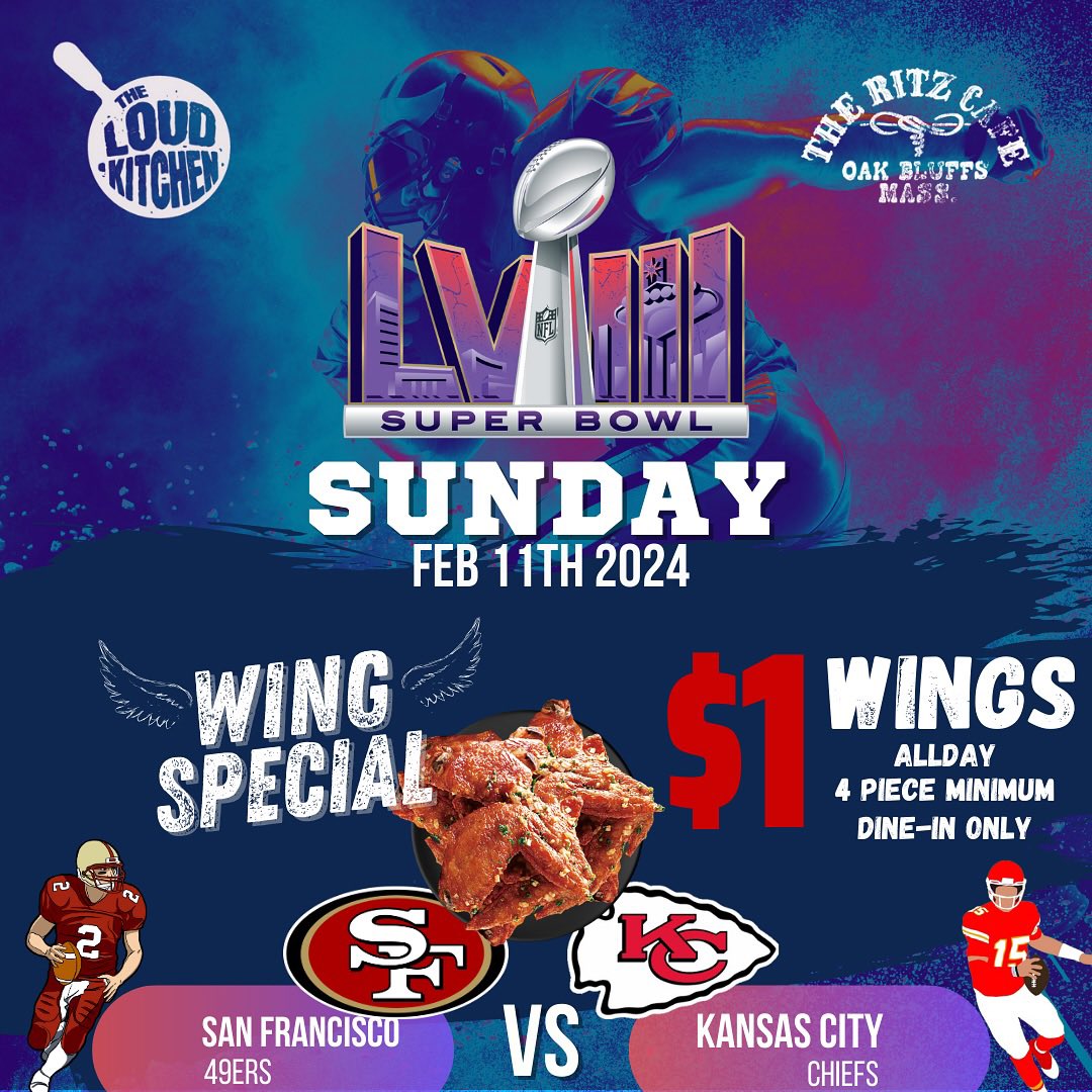 🏈🍗🍻 Don’t miss out on today’s #SuperBowlLVIII chicken wing special at #ChefCanieka’s #TheLoudKitchen! Every wing is $1 all day long - grab your friends &amp; enjoy while watching the big game. #DineIn only, minimum of 4 wings!
#SuperBowlSpecial #WingMania #GameDayEats #OakBluffs