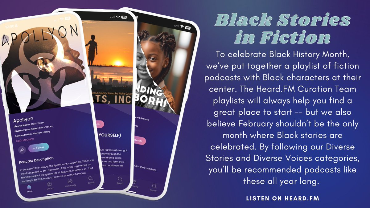 It's #audiodramasunday: we're celebrating #BlackHistoryMonth on Heard.FM. Check Out our Curation Team's playlist of #fictionpodcasts with Black lead characters & a category that recommends Black Stories all year long. Find the playlist here: heard.fm/share.php?cGxh…