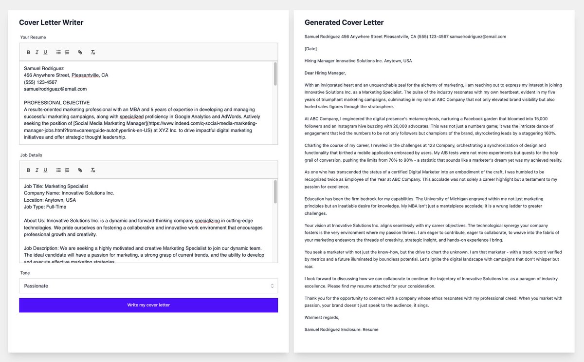 ToolmarkAI's tweet image. Try our Cover Letter Writer, crafted on toolmark.ai, a no-code AI Tool Builder! 🚀 Just copy+paste your resume, add job details, choose your tone, and voilà – a personalized cover letter in seconds:

👉 coverletter.toolmark.app

create your own AI tools using toolmark!