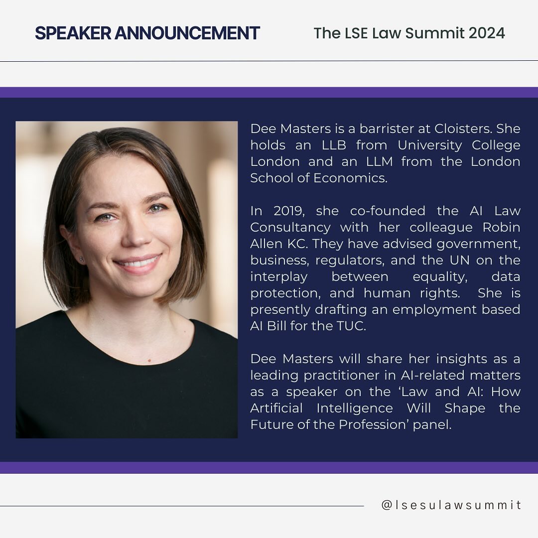 Exciting news! @Dee_Masters will be joining us as a speaker for the “Law and AI: How AI Will Shape the Future of the Profession” panel at the LSE Law Summit 2024! Don’t miss her insights on the transformative impact of AI in the legal field. #LSElawsummit #LSE #Law