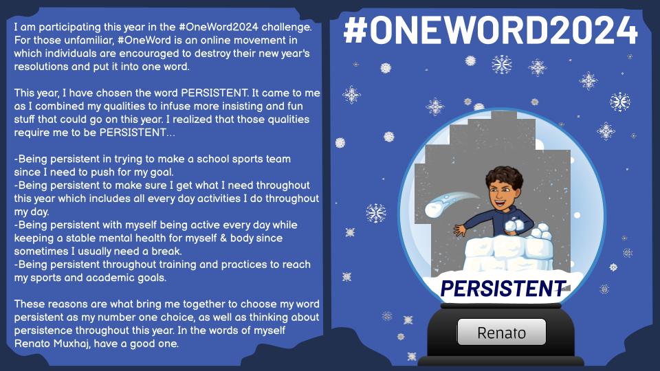 Mr_H_Teacher's tweet image. #HClass23 used the Snow Globe
@shapegramsto share their #OneWord24   

We investigated introductions and conclusions #TheButton &amp;amp; set ourselves up for success in 2024 with a #OneWord

Full set here
bit.ly/3wbk8rH