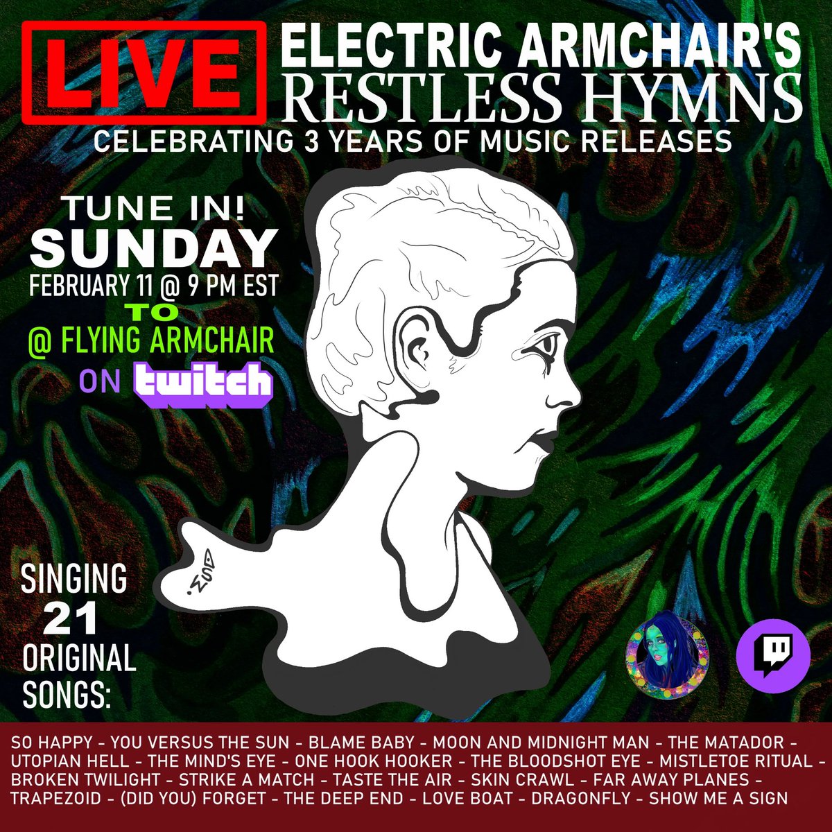 To celebrate 3 years of music releases, I'm singing 21 original songs live on Twitch today @ Flying Armchair. Tune in at 9 pm EST tonight!