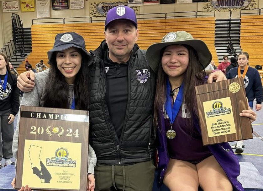 CoachDeTamble's tweet photo. Shadow Hills girls wrestling, 2024 CIF CHAMPIONS along with individual champions Alyson Ortiz and 2x champ Kaylin Montano! No shock, no luck … just hard work over the last few years. No coach deserves this more. EARNED! Congrats, my friend  @CoachDaviss @DesertSunSports https://t.co/n1XMF4MLFw