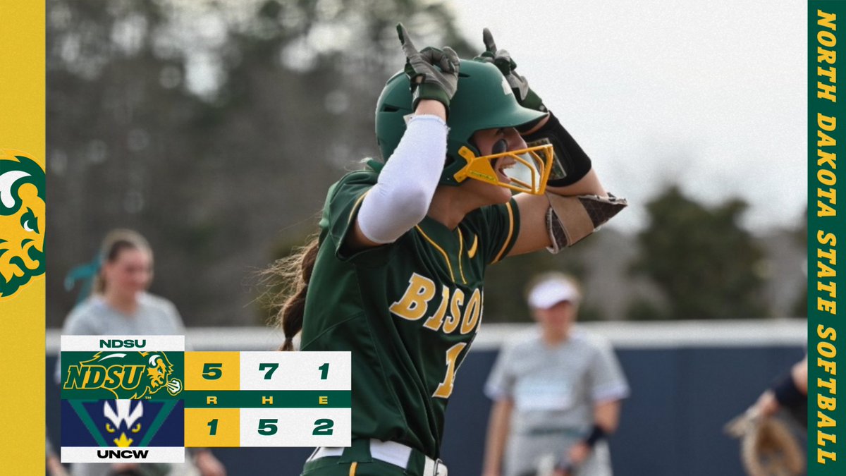 NDSUsoftball's tweet photo. Yessian with a HR and three RBI, as she leads the Bison to victory over UNCW! Bowers tossed a complete game for her first collegiate win! https://t.co/H9dFqKnPtR