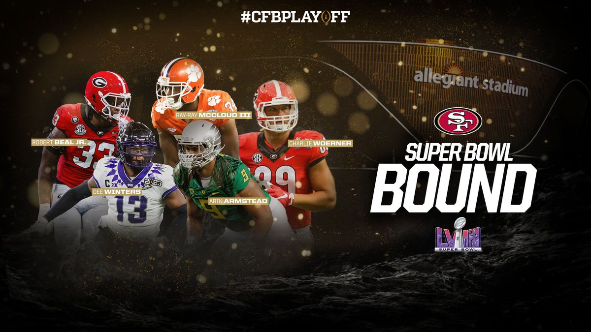 From the #CFBPlayoff #NationalChampionship ➡️ San Francisco’s second #SuperBowl trip in the past five seasons. 🏈🏆 Best of luck to the former national championship game participants now on the @49ers’ active roster looking to capture the Lombardi Trophy. #FTTB #SBLVIII