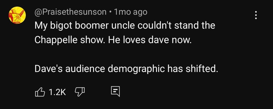 LeftFist4Ward's tweet photo. "My bigot boomer uncle couldn't stand Chappelle show. He loves dave now." This is all you need to know about #davechappelle today. He's become the thing he used to hate because he found an even smaller minority group to hate on. The cycle continues. https://t.co/DZrKVuIl09