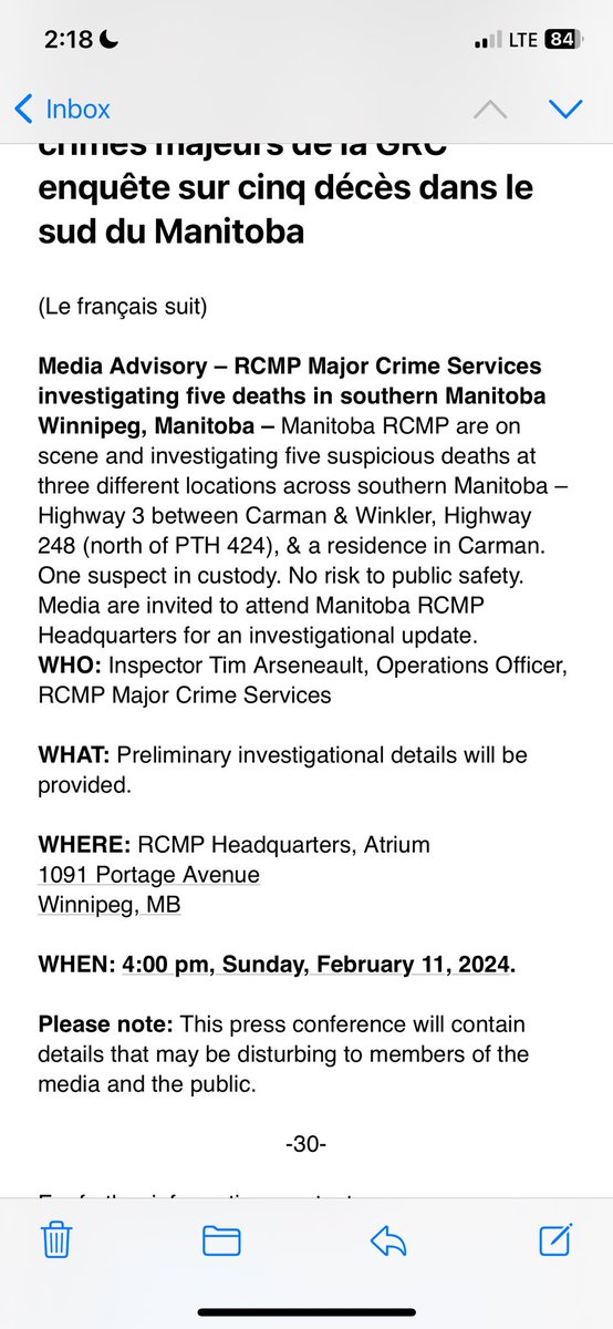 mikemcintyrewpg's tweet photo. Breaking news: Manitoba RCMP holding a news conference at 4 pm today regarding 5 deaths in 3 locations. Suspect in custody. Warns that “this press conference will contain details that may be disturbing to members of the media and the public.” https://t.co/7MXb5qrG8t