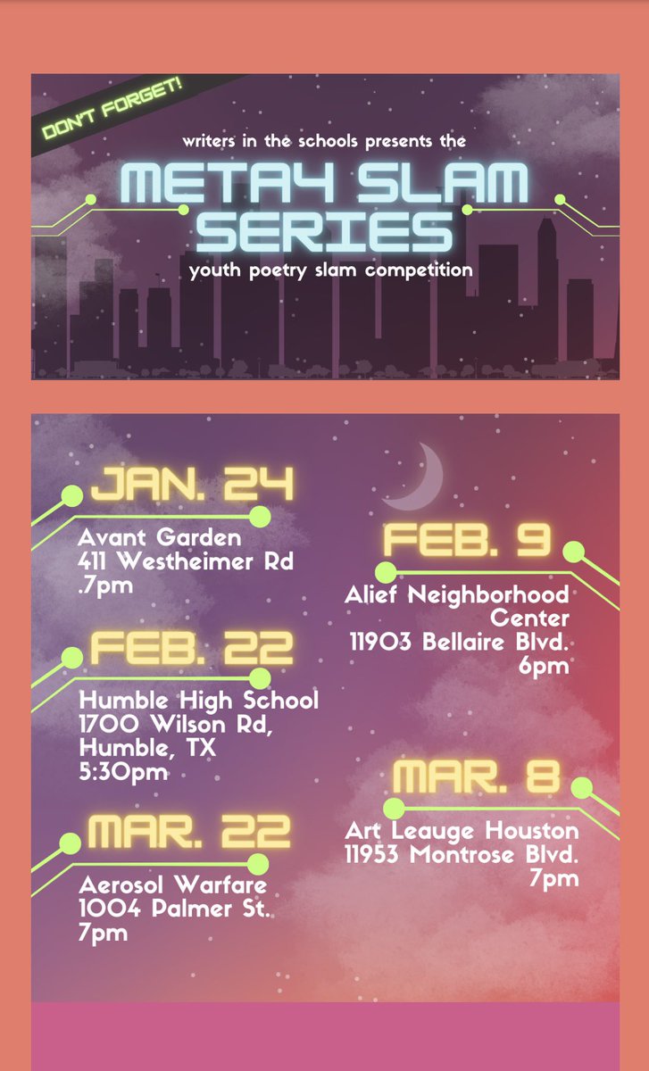 humblehstheatre's tweet photo. Calling all Poets!!!  @HumbleISD_HHS Slam Poetry Team is hosting the META4 Slam Series on 2/22.  Get your 2 poems ready and prepare to step up to the mic. Sign up to slam with the link below. 🎤🎭
#spokenword #meta4houston 

https://t.co/VkhmyGhrzU https://t.co/svbaDnedQo