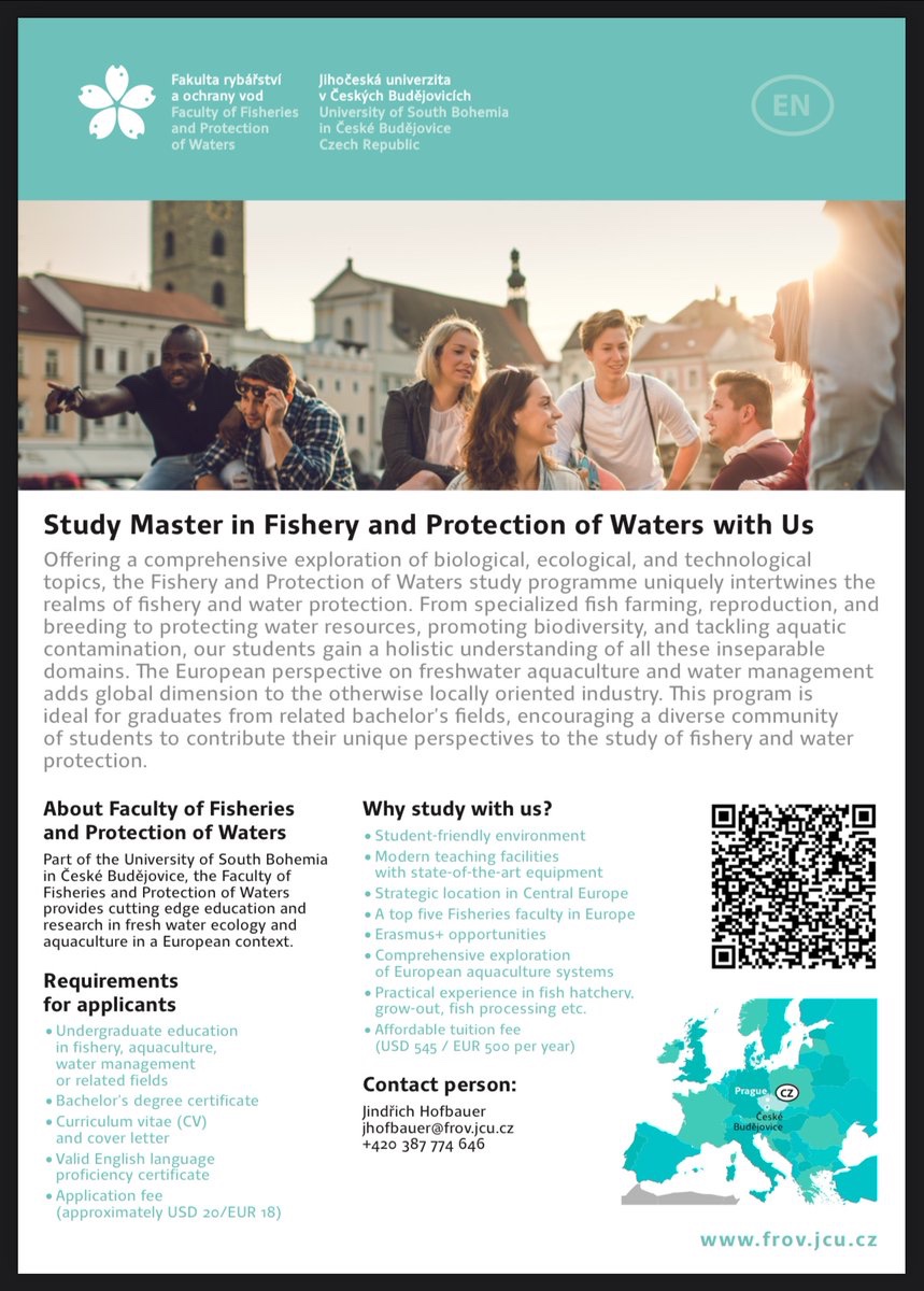 Admissions are now open for Masters programme in Fishery and Protection of Waters, University of South Bohemia in Ceske Budejovice. 2 years accredited English program. *Deadline to apply 31st March.* frov.jcu.cz/en/admissions/…