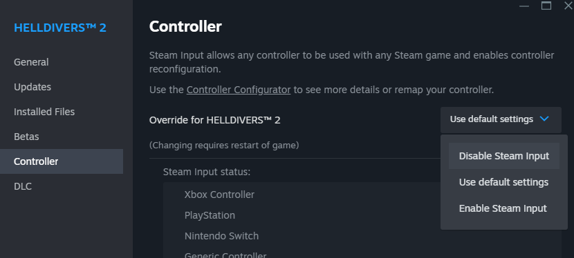 bcudds's tweet photo. @CohhCarnage @helldivers2 Have you tried disabling Steam Input in the Helldivers 2 properties? https://t.co/fI1fOxQCOY