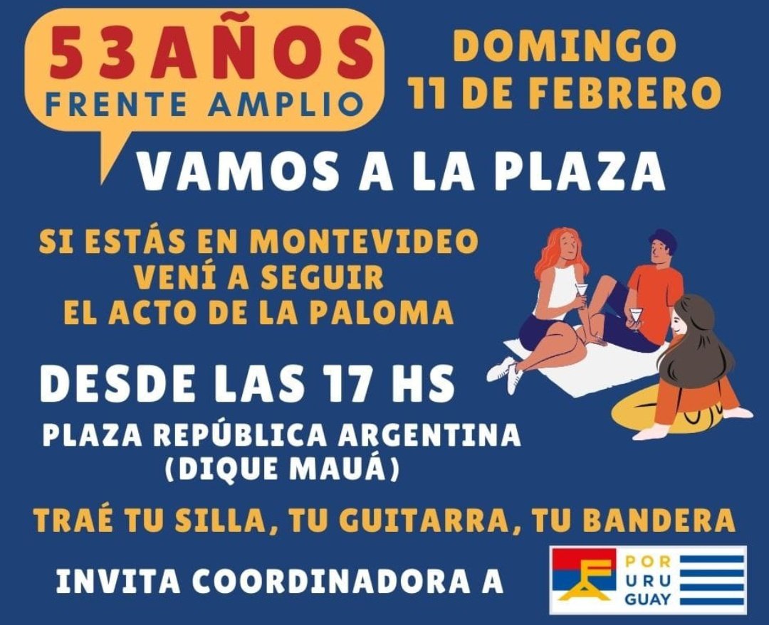 Quienes nos quedamos en Montevideo vamos a seguir el acto de La Paloma del a53 aniversario del @Frente_Amplio desde la Plaza Argentina en la rambla sur justo a la Coordinadora A