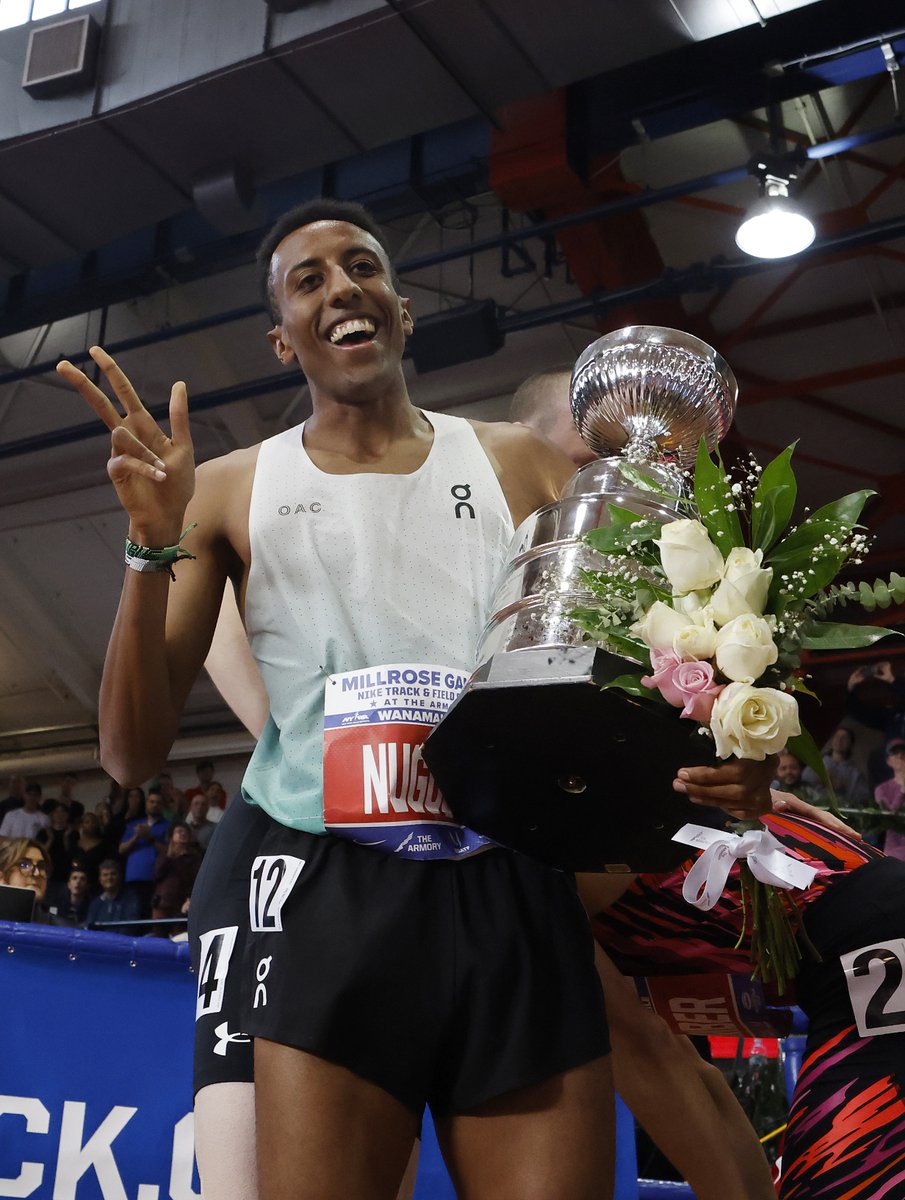 Another one 👏

Yared Nuguse grabs the win in the men's Wanamaker Mile with a world-leading 3:47.83 ‼️

He's the only man in history to dip under 3:48 twice in the indoor mile 😮‍💨

#WorldIndoorTour