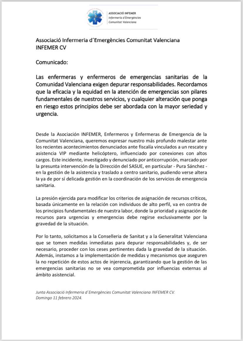 Infermeria_Emer's tweet photo. Comunicado:

Desde INFEMER recodamos que la eficacia y la equidad en la atención de emergencias son pilares
fundamentales en los servicios de emergencias sanitarias. Es intolerable ejercer presión para modificar los criterios de asignación de recursos por motivos no asistenciales https://t.co/KcgKAryGDB