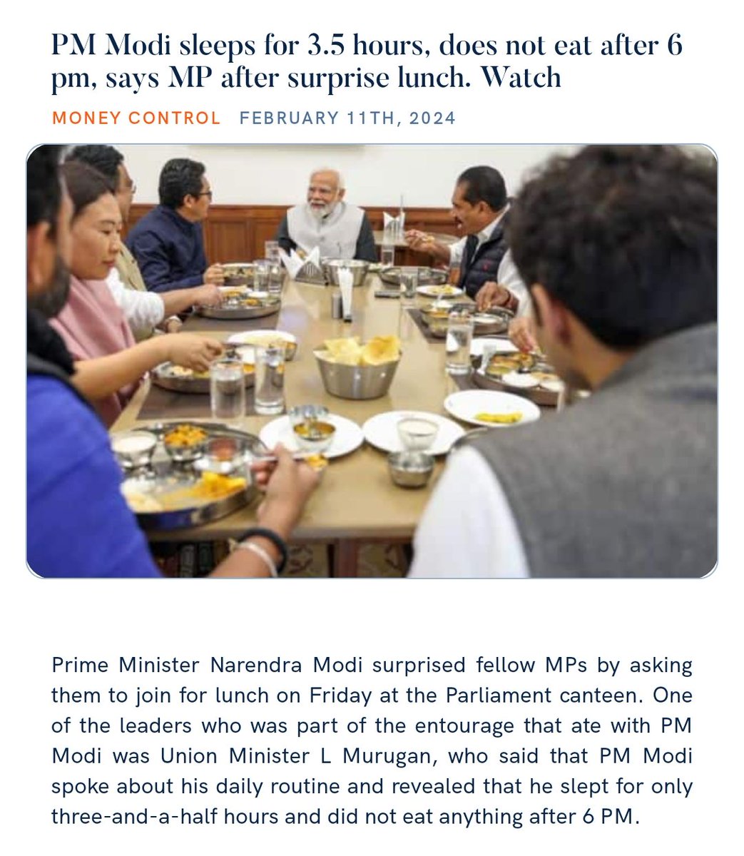 team_basitali's tweet photo. PM Modi sleeps for 3.5 hours, does not eat after 6 pm, says MP after surprise lunch. Watch
https://t.co/oTQ7QU3sqN via NaMo App https://t.co/Im0xtOI5nz