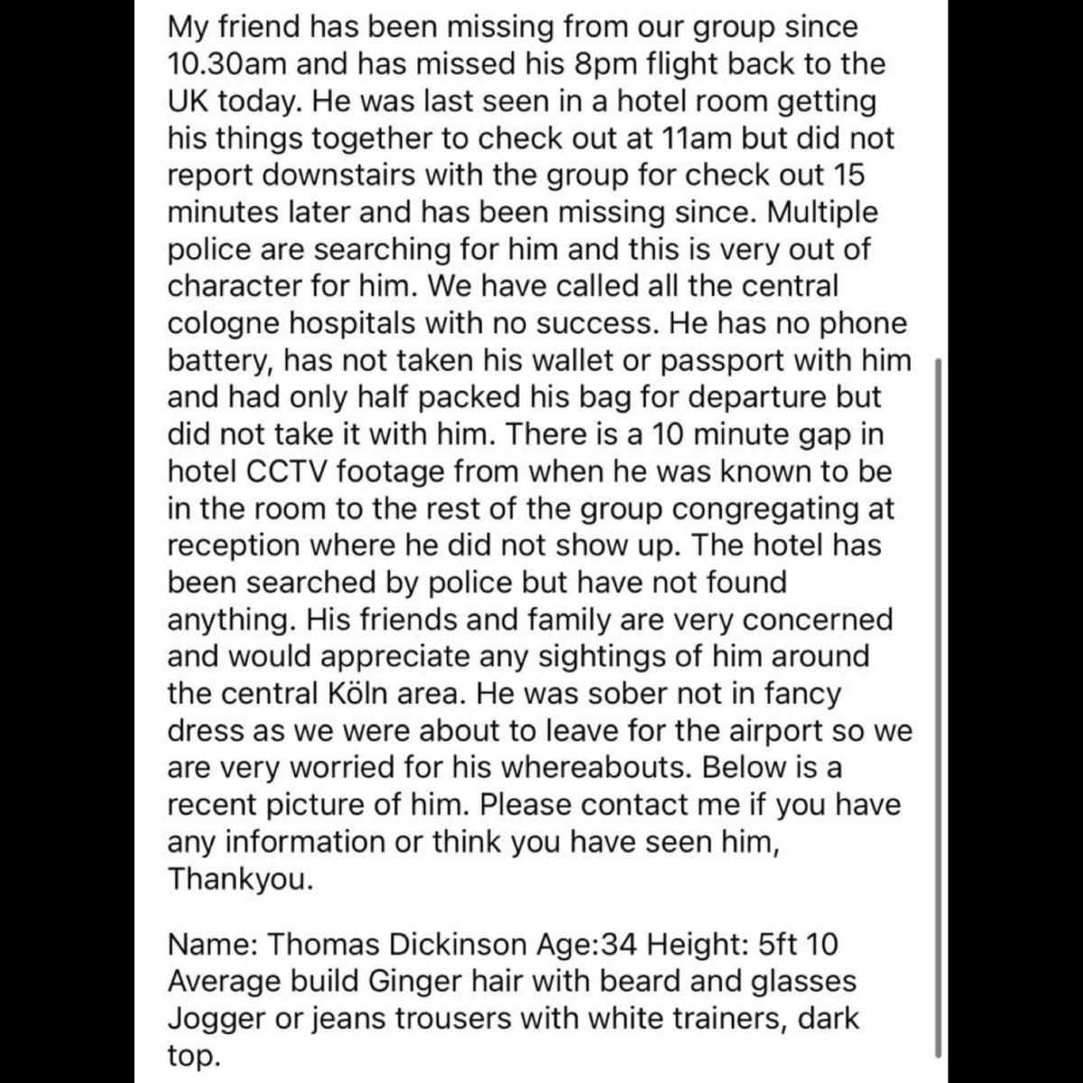 My friend is missing! Please share + pass onto any contacts you have in #Cologne or contact the police station with any information: +492212294130 #MissingPerson #Germany #Köln #CologneGermany reddit.com/r/cologne/s/Gv…