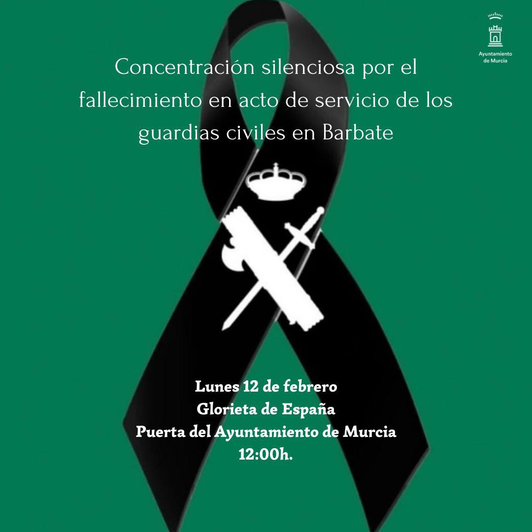 Desde el <a href="/AytoMurcia/">Ayuntamiento de Murcia</a> guardaremos un minuto de silencio como muestra de apoyo y solidaridad por los guardias civiles fallecidos en acto de servicio en Barbate (Cádiz).

Mañana, a las 12:00, en Glorieta de España.
