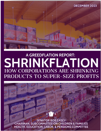 SenBobCasey's tweet photo. As my report from last year shows, shrinkflation and greedflation are hurting American families. I'm fighting back by pushing to end tax breaks for corporations and pass legislation to crack down on shrinkflation and price gouging.
Read my reports here 👉 https://t.co/dsCIZ9RjJS https://t.co/S7lBmzdkex