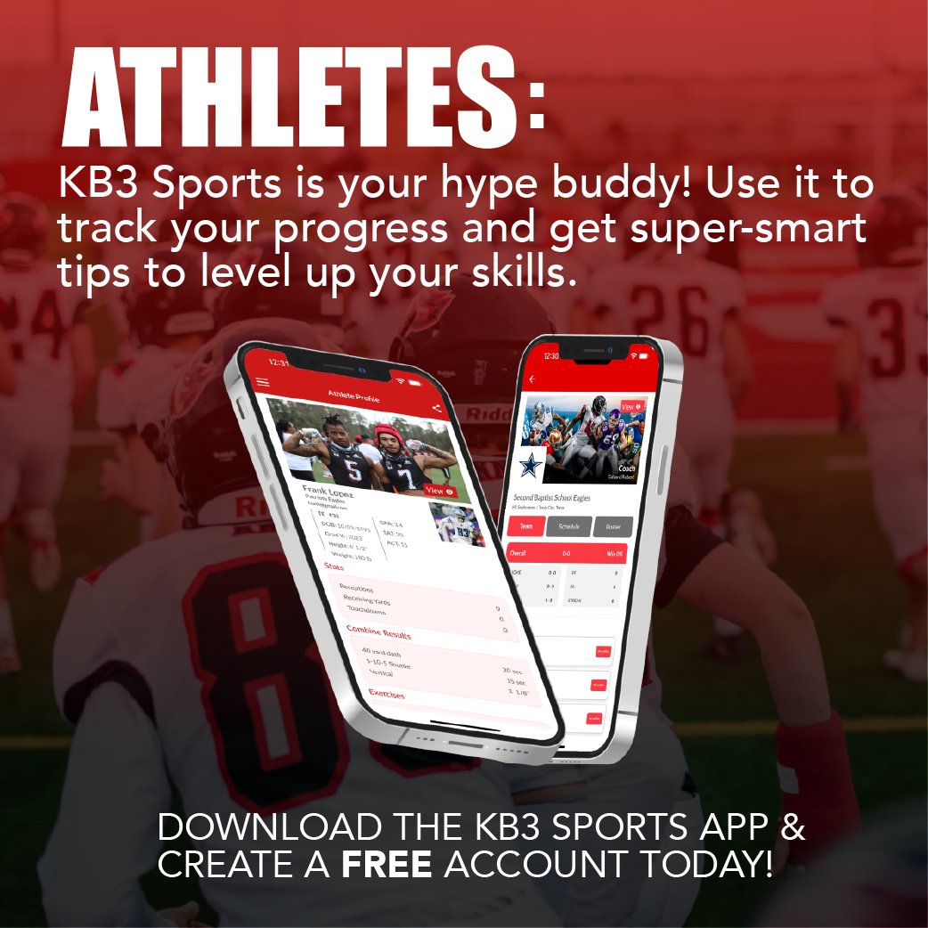 AreYouProven's tweet photo. Calling all future sports legends! KB3 Sports is your hype buddy! Use it to track your progress and get super-smart tips to level up your skills. #KB3Sports #GetRanked @THSCAcoaches @ghfcahouston @WeAreAFCA https://t.co/x8cLZIB26F