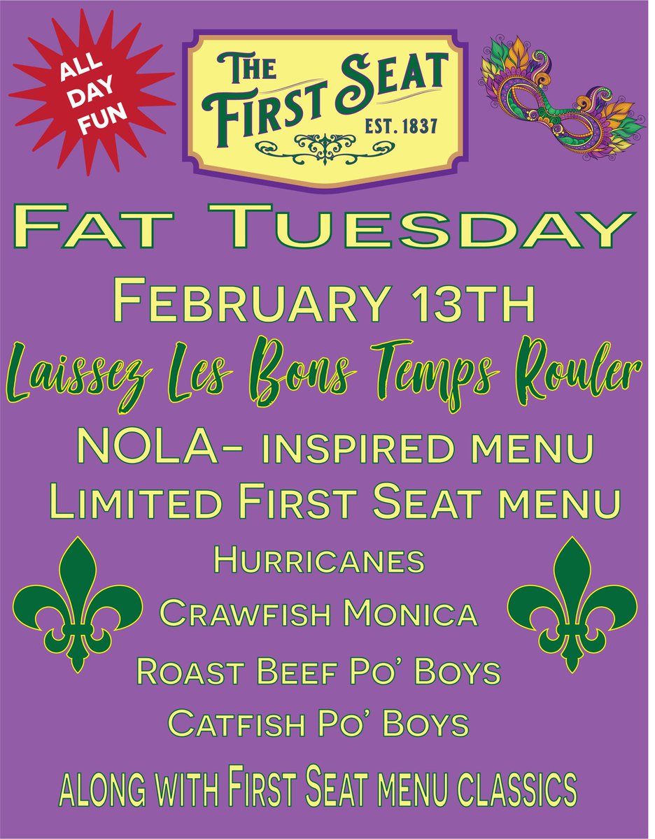 thefirstseatpub's tweet photo. Once the Super Bowl winner has been crowned and they are headed to Disneyland, join us in downtown Bentonville this Tuesday for our annual Mardi Gras celebration! https://t.co/xApvVck4fF