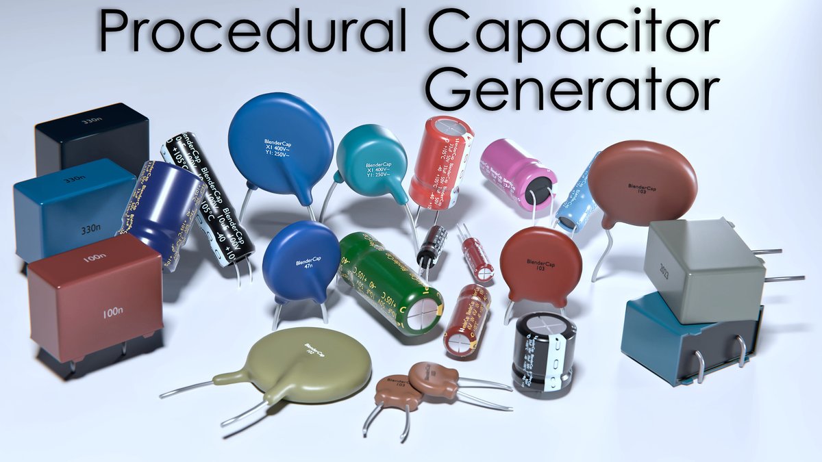 Capacitor generator powered by #geometrynodes now available at Blender Market and Gumroad! Create procedural electrolytic, ceramic and film capacitors! #b3d #bender3d #electronics #hardware #engineering #3dmodels #art #render #capacitors #Assets #GraphicDesigner