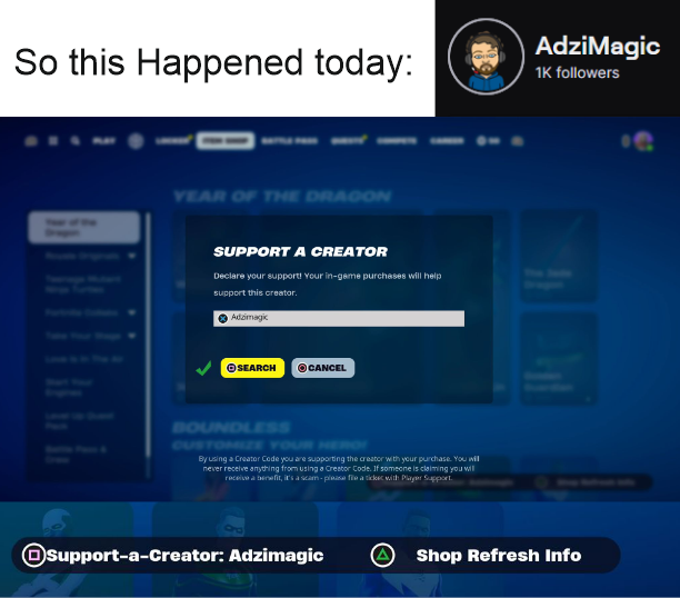 AdziMagic's tweet image. OMG Thanks for all the support, I can't believe I have a creator code, so much love for everyone #epicpartner #creatorcode #Fortnite