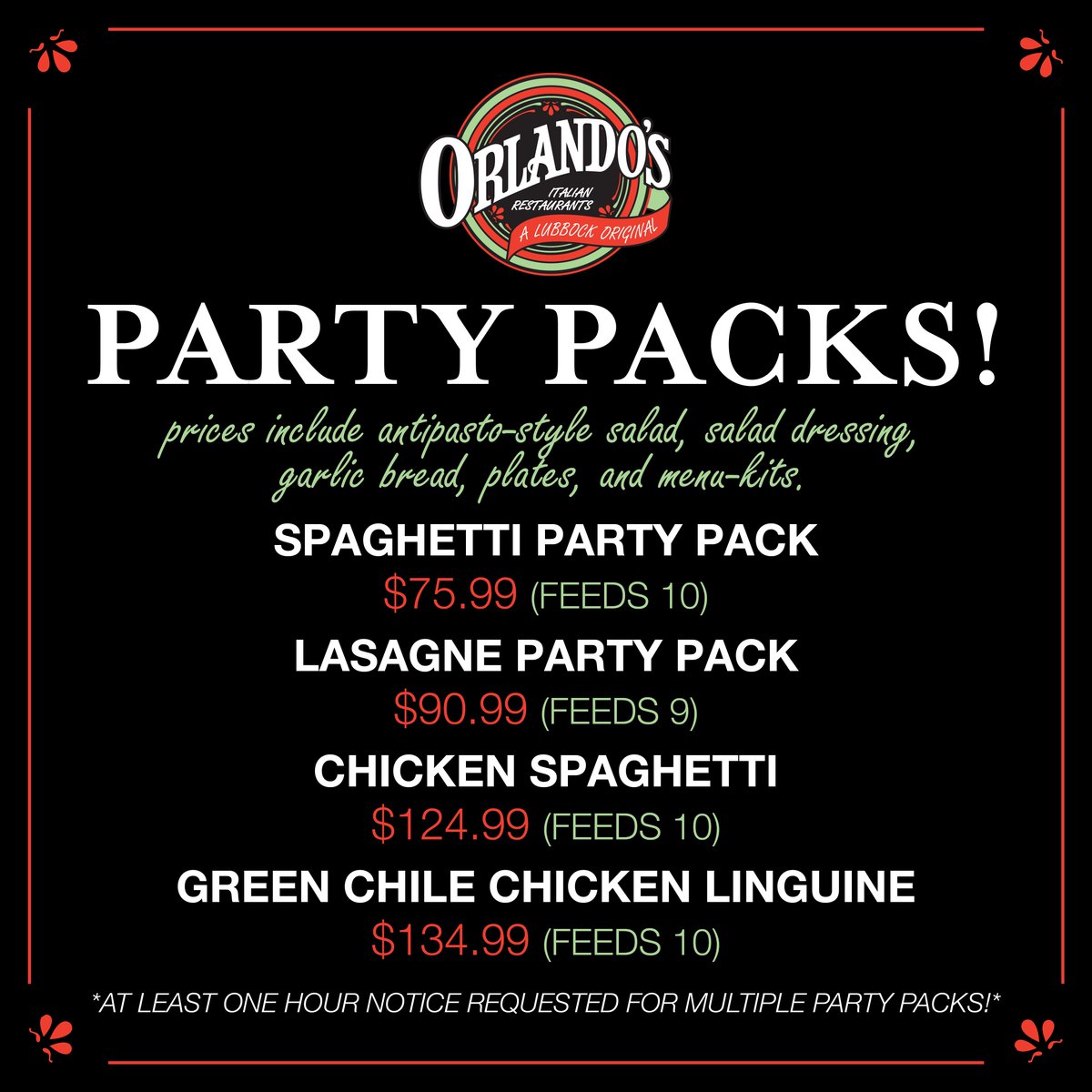 Looking for a game day feast? Grab one of our party packs and make it easy! 🍝   #ALubbockOriginal #BestItalianRestaurant #TexItalian #ToGo #LubbockRestaurant #DeliveryOrTakeOut #Delivery #GoodEats