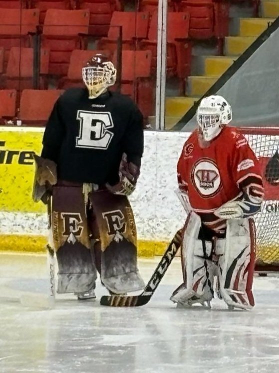 heroshockey's tweet photo. Ryley Budd was also out inspiring our young goalies, especially his buddy Harrison. Any Sunday he has off from @edgeschool U18 he can be found at the rink with us. Another example of young hockey players making sure our players know they belong https://t.co/J9NecLs6G5