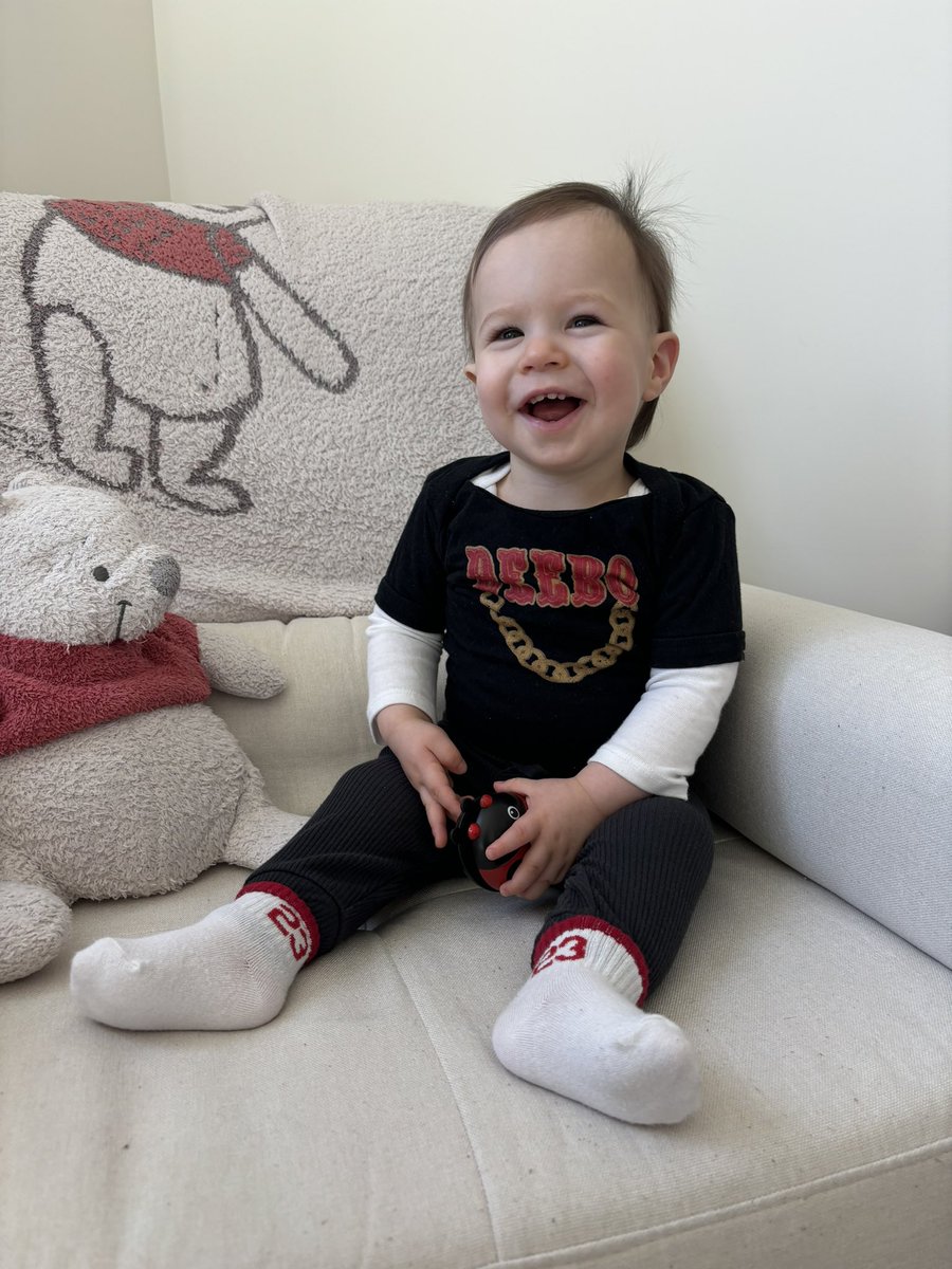 dimaggioam's tweet photo. lucky @19problemz shirt, lucky 23 socks @CMC_22 &amp; lady bug in hand @THE2ERA (IYKYK!!!) 🏈❤️💛🐞 @49ers let’s give my son his first Super Bowl ever with a niners win!! LFG #SuperBowl #FTTB https://t.co/tSII7677AN