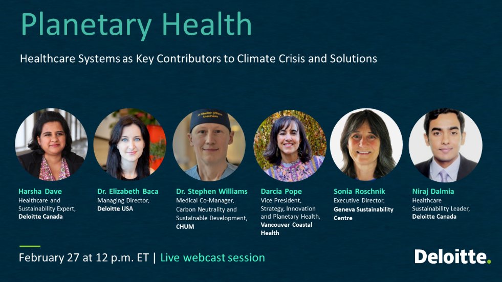 Feb 27 12-1 pm EST @Deloitte webcast unpacks 🌎 Planet + 😷 Health Health sector is top 5 contributor to climate disruption. Heating of planet impacts human health. Virtual | free | recording provided afterwards lnkd.in/gqDYNWVU #FutureOfHealthcare