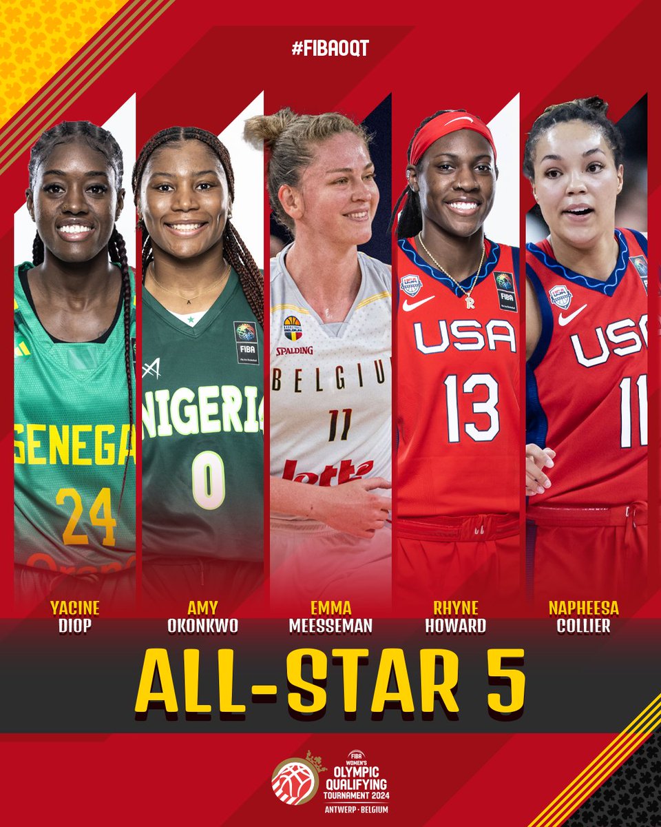 All-Star 5 of Antwerp 🌟 🇸🇳 Yacine Diop 🇳🇬 Amy Okonkwo 🇧🇪 Emma Meesseman 🇺🇸 Rhyne Howard 🇺🇸 Napheesa Collier #FIBAOQT