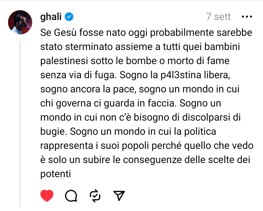 in un mondo di sionisti siate come ghali che usa la sua voce sempre in un modo perfetto senza aver paura delle conseguenze (questo post la aveva scritto a natale)