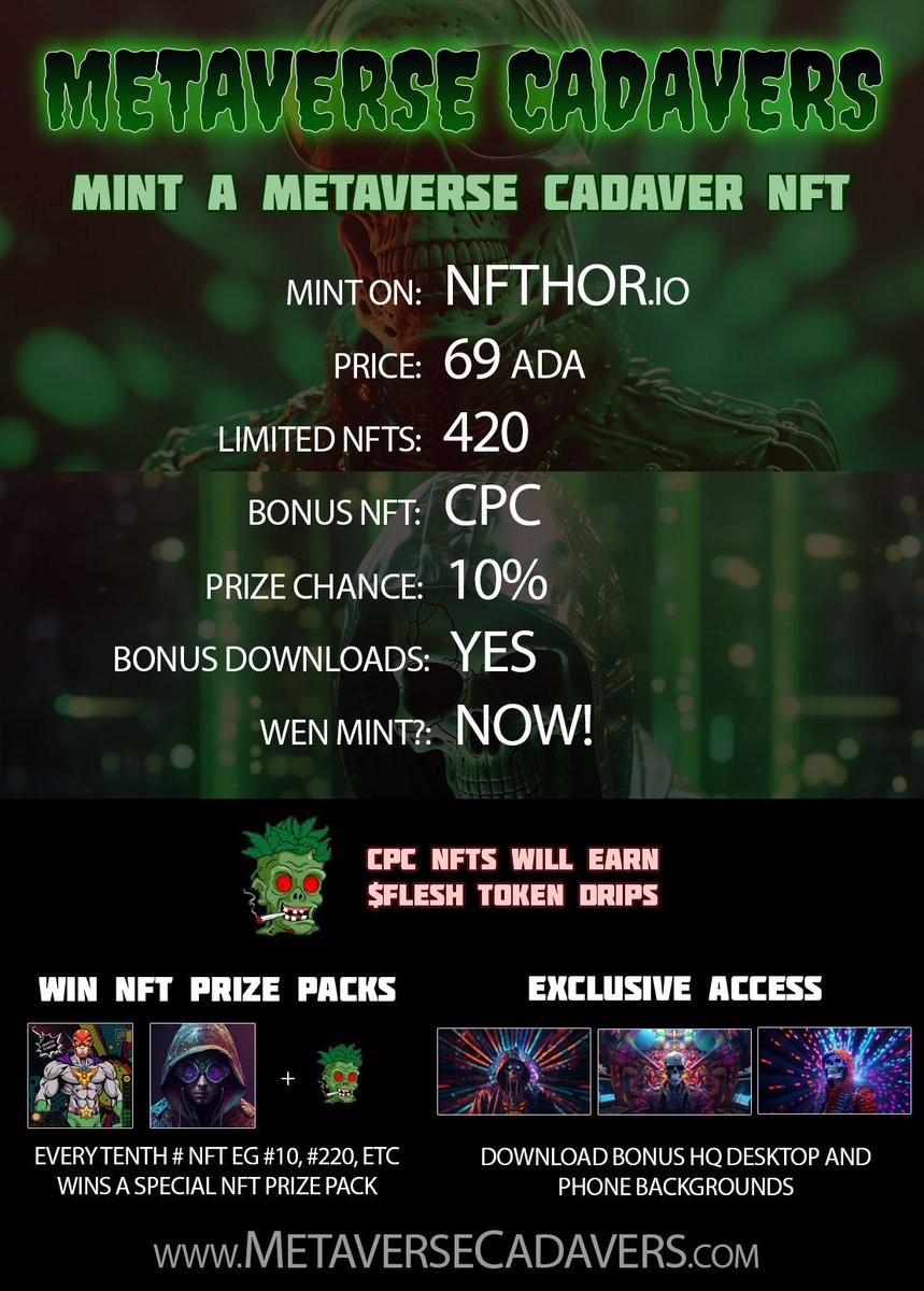 Met₳verseCollections (CNFT) (@metaversecnfts) on Twitter photo 💀 Unlock the secrets of the afterlife!
Become one of the elite with your own Metaverse Cadaver NFT. Only 420 exist in this unique collection. Secure yours & dive into the realm of the undead!
▶️ Mint Live: nfthor.io/collection/Met…
✨ #CNFT #CNFTcommunity 💀 <a href="/CadaverPotClub/">CadaverPotClub</a> 💀 Unlock the secrets of the afterlife!
Become one of the elite with your own Metaverse Cadaver NFT. Only 420 exist in this unique collection. Secure yours & dive into the realm of the undead!
▶️ Mint Live: nfthor.io/collection/Met…
✨ #CNFT #CNFTcommunity 💀 <a href="/CadaverPotClub/">CadaverPotClub</a>
