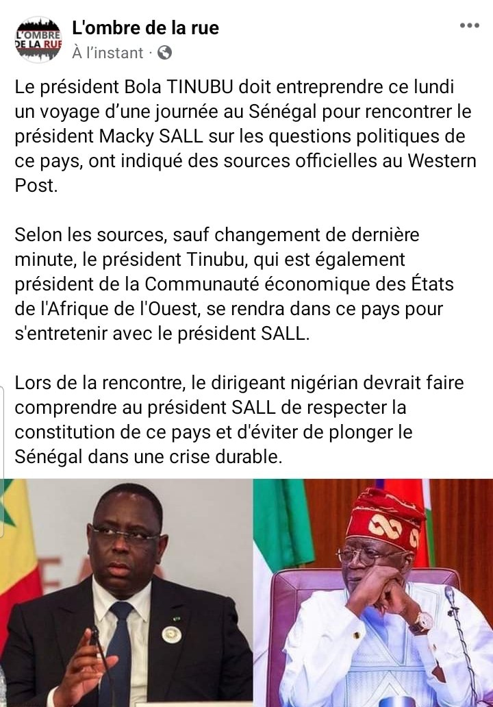 BaySam3's tweet photo. Tension au Sénégal : TINUBU à Dakar ce lundi pour parler au Pdt SALL. https://t.co/mHF0mK33eU