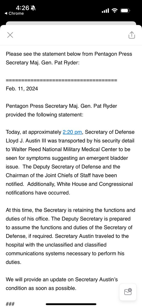 BREAKING: Today, at approximately 2:20 pm, @SecDef was transported by his security detail to Walter Reed National Military Medical Center to be seen for symptoms suggesting an emergent bladder issue. DSD, WH, Congress, CJCS all notified