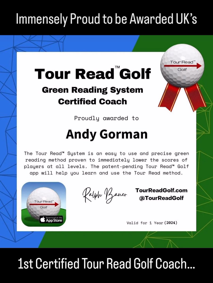 Honoured to be offering the revolutionary ‘TOUR READ GOLF’ App Based Green Reading System In-Person in the UK & Online globally. You can learn this highly successful ‘Tour-Tested’ green reading system & obtain the app by contacting me directly. Coaches also welcome..