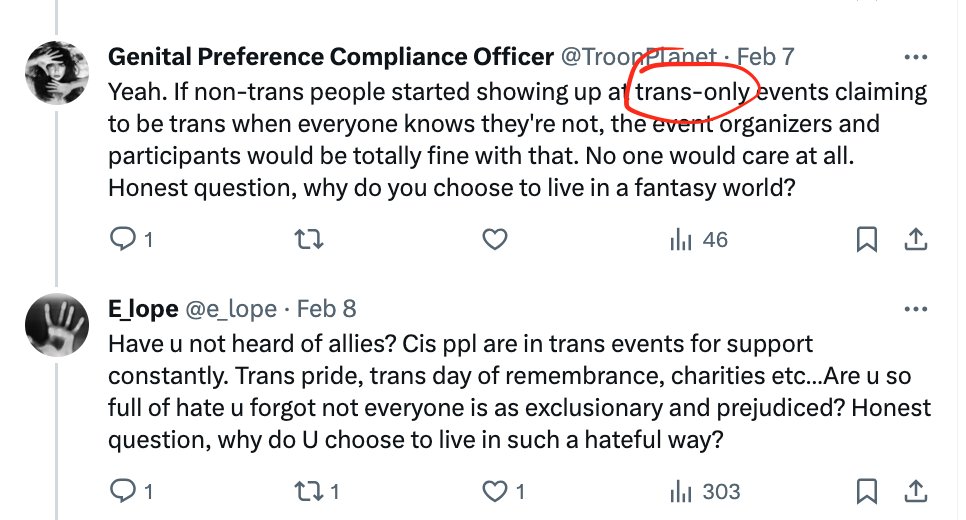 @e_lope @diesater_ 'You're dumb,' says the person who does not know what the word 'only' means. 'You're dumb', says the person who thinks that if there are trans events where 'cis people' are welcome, it automatically means that there cannot also be 'trans only' events where they are not welcome.