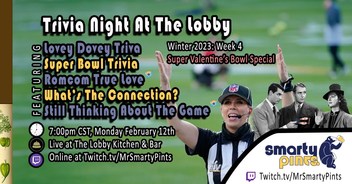 MrSmartyPints's tweet image. I know you're probably busy pre-gaming for the Super Bowl, but don't forget to regular-game for trivia at @thelobbykb on Monday at 7:00pm CST!

Can't make it? Join us on Twitch twitch.tv/MrSmartyPints

Super Secret Free Answer: Father of the Bride