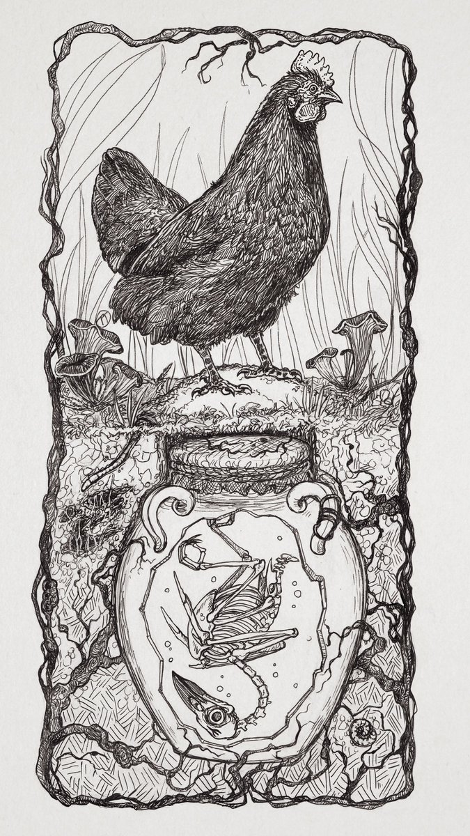 An artwork from our Curse of Strahd campaign. Henri the chicken standing above a pot of magic honey.. that was holding a special raven's skeleton. 
#guestsofstrahd #curseofstrahd #illustration #dnd