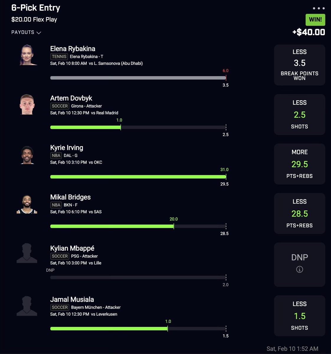 yobettabetta's tweet image. Some profit from yesterday👀💰 all picks from @Precise_Props discord‼️best value picks from all sports💻🎯

#PrizePicks #EVbetting #GamblingTwitter #SportsBetting #GamblingX #ATP #WTA #NBA #NBATwitter #LaLiga #Bundesliga #AbuDhabiOpen #NHL