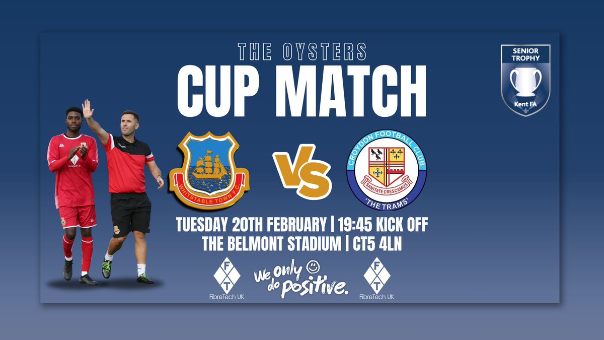 whitstabletown's tweet photo. 🏆 Cup Match!

The date has been set! We will be playing under the floodlights of The Belmont Stadium as we face @Croydon_FC in the @KentFA Senior Trophy Semi-Finals!

Save the date!

🗓️ Tuesday 20th February
⏰ 19:45 Kick Off
🏟️ The Belmont Stadium | CT5 4LN

#UpTheOysters https://t.co/SJ1VJBUouK