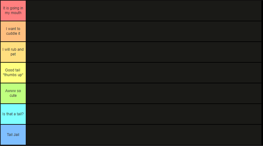 UnbreakableDoug's tweet photo. Ok I did I made a tier list for tail

The rules:
1. has to be your oc
2. sfw
3. you can add as many ocs as you want

Come one and all and get your tail judged!

If you got a tail you can join!
#furry #scaile #dragon #kaiju https://t.co/dYdVLStt8j