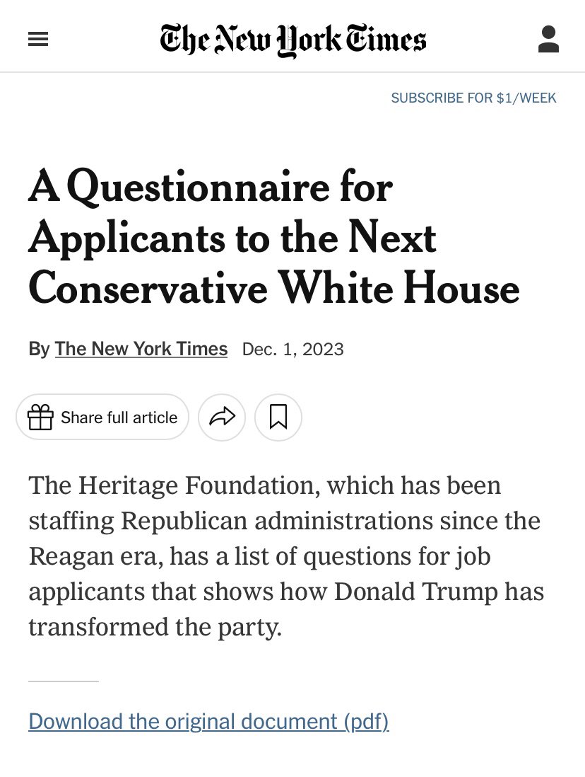 @WhoDat35 @cwebbonline @JasWead The Heritage Foundation Project 2025 even has an application process accepting only conservatives; applicants must swear an Oath of Allegiance to the President to be hired.